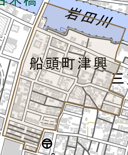 船頭町津興とその周辺の地図。町の範囲を重ねている