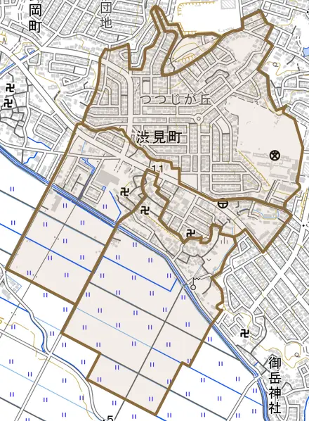渋見町とその周辺の地図。町の範囲を重ねている
