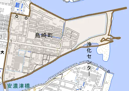 島崎町とその周辺の地図。町の範囲を重ねている