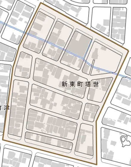 新東町塔世とその周辺の地図。町の範囲を重ねている