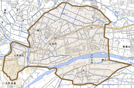 庄田町とその周辺の地図。町の範囲を重ねている