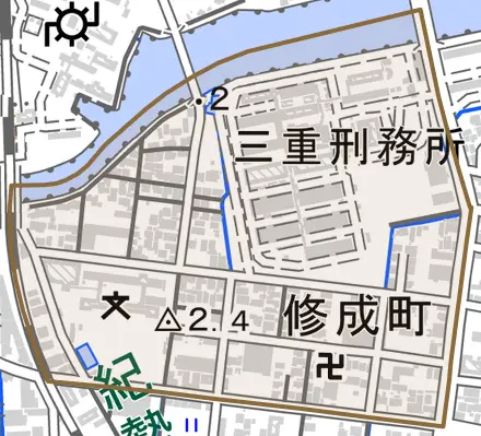 修成町とその周辺の地図。町の範囲を重ねている