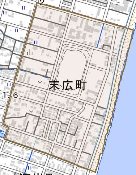 末広町とその周辺の地図。町の範囲を重ねている