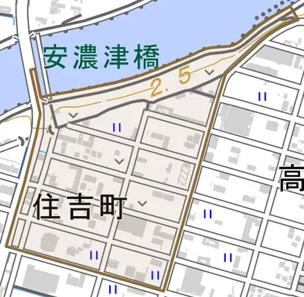 住吉町とその周辺の地図。町の範囲を重ねている