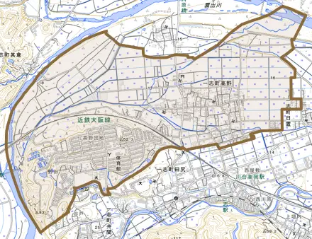 一志町高野とその周辺の地図。町の範囲を重ねている