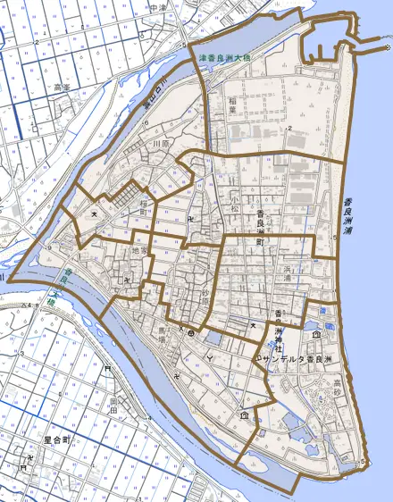 香良洲町とその周辺の地図。町の範囲を重ねている