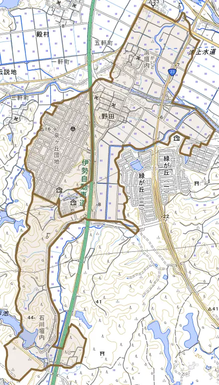 野田とその周辺の地図。町の範囲を重ねている