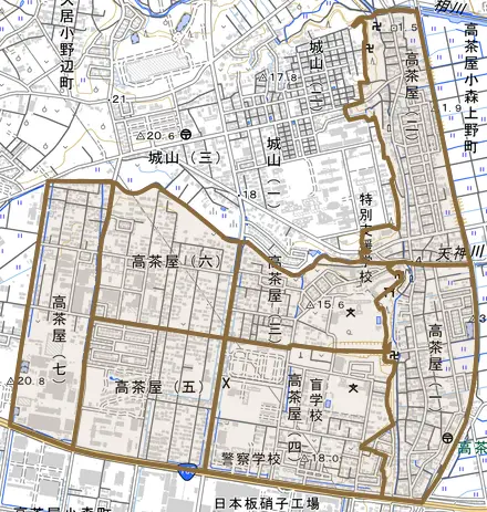 高茶屋とその周辺の地図。町の範囲を重ねている