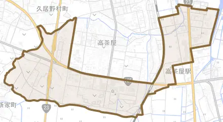 高茶屋小森町とその周辺の地図。町の範囲を重ねている