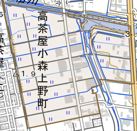 高茶屋小森上野町とその周辺の地図。町の範囲を重ねている