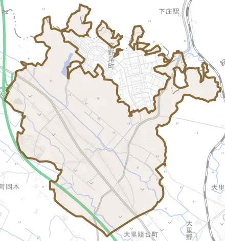 高野尾町とその周辺の地図。町の範囲を重ねている