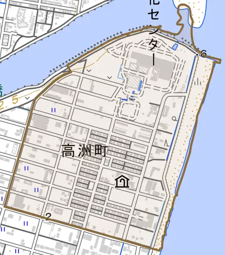 高洲町とその周辺の地図。町の範囲を重ねている