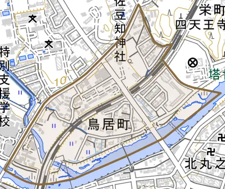 鳥居町とその周辺の地図。町の範囲を重ねている