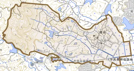 産品とその周辺の地図。町の範囲を重ねている