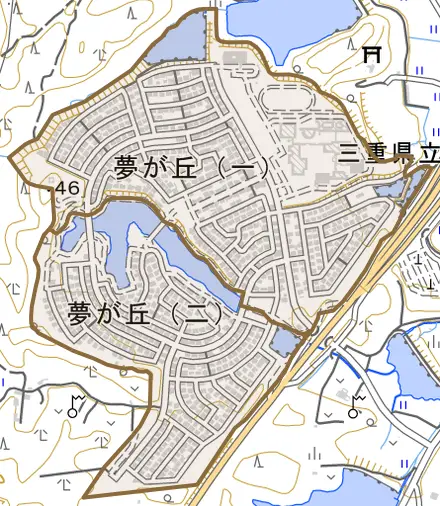 夢が丘とその周辺の地図。町の範囲を重ねている
