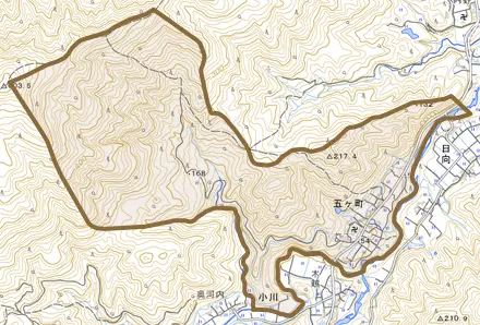 五ケ町とその周辺の地図。町の範囲を重ねている