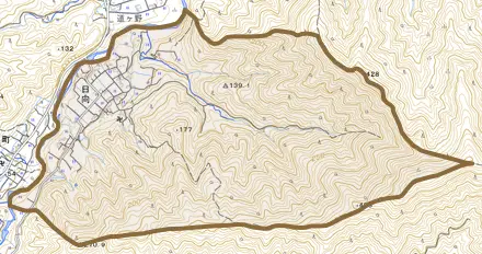 日向とその周辺の地図。町の範囲を重ねている