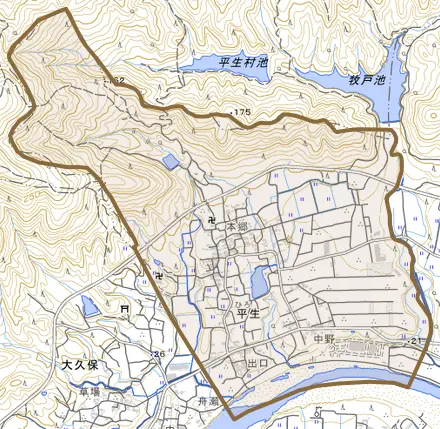 平生とその周辺の地図。町の範囲を重ねている