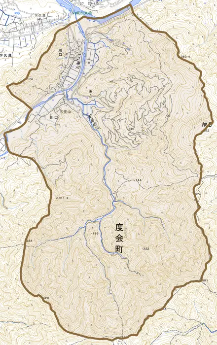 川口とその周辺の地図。町の範囲を重ねている