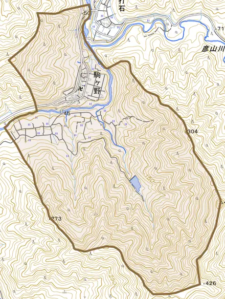 駒ケ野とその周辺の地図。町の範囲を重ねている