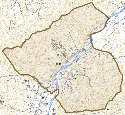 栗原とその周辺の地図。町の範囲を重ねている