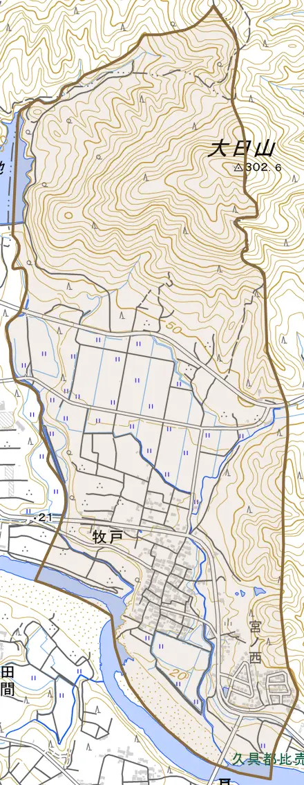 牧戸とその周辺の地図。町の範囲を重ねている