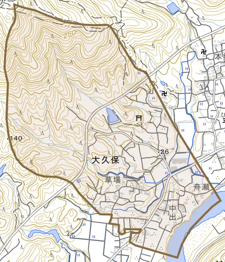 大久保とその周辺の地図。町の範囲を重ねている