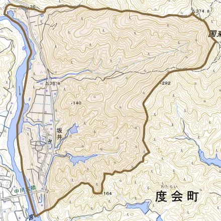 坂井とその周辺の地図。町の範囲を重ねている