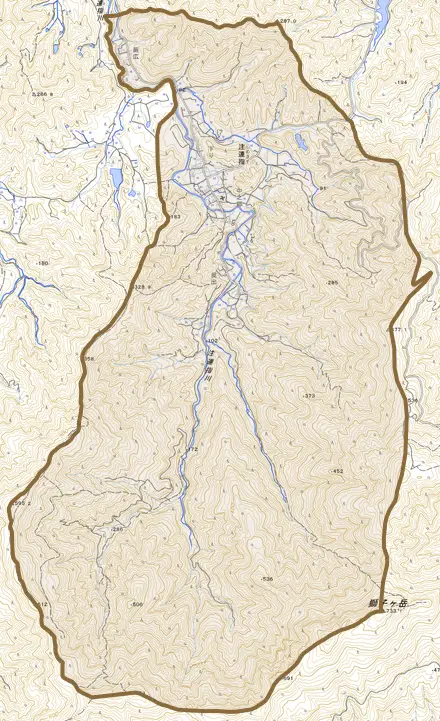注連指とその周辺の地図。町の範囲を重ねている