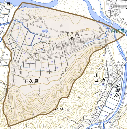下久具とその周辺の地図。町の範囲を重ねている