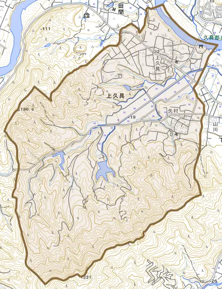 上久具とその周辺の地図。町の範囲を重ねている