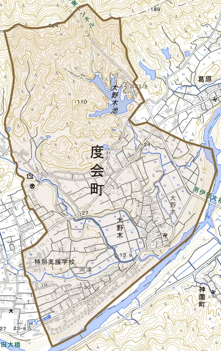 大野木とその周辺の地図。町の範囲を重ねている