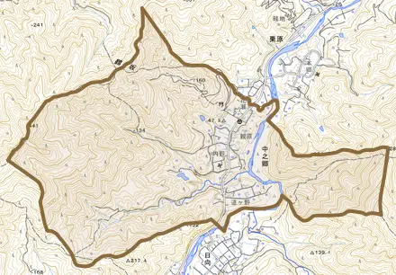中之郷とその周辺の地図。町の範囲を重ねている