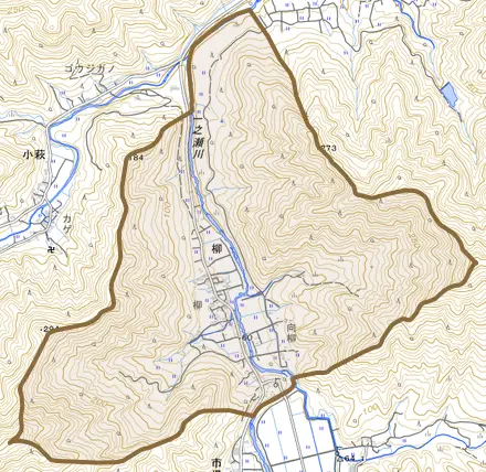 柳とその周辺の地図。町の範囲を重ねている