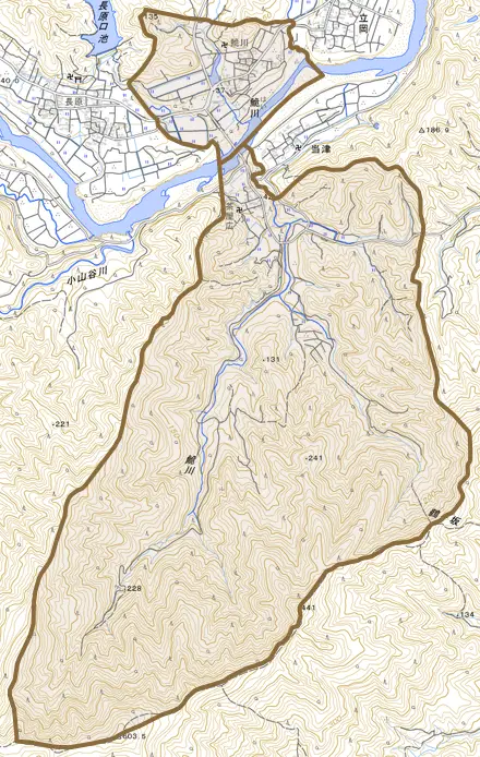 鮠川とその周辺の地図。町の範囲を重ねている