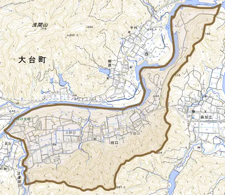 田口とその周辺の地図。町の範囲を重ねている
