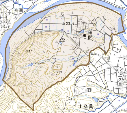田間とその周辺の地図。町の範囲を重ねている