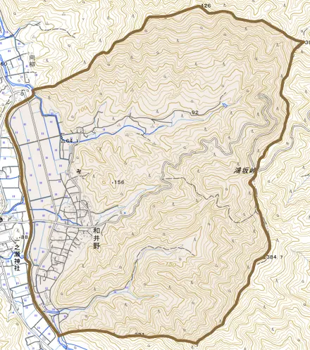 和井野とその周辺の地図。町の範囲を重ねている