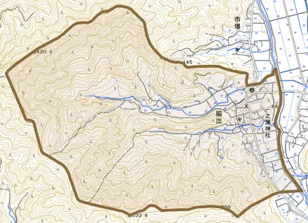 脇出とその周辺の地図。町の範囲を重ねている