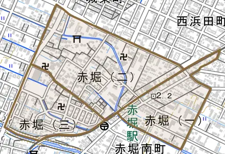 赤堀とその周辺の地図。町の範囲を重ねている