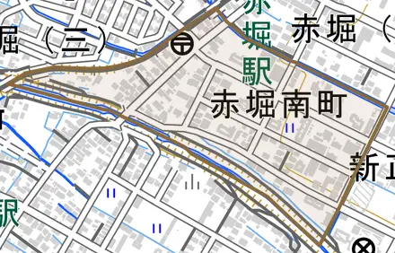 赤堀南町とその周辺の地図。町の範囲を重ねている
