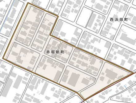 赤堀新町とその周辺の地図。町の範囲を重ねている