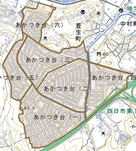 あかつき台とその周辺の地図。町の範囲を重ねている