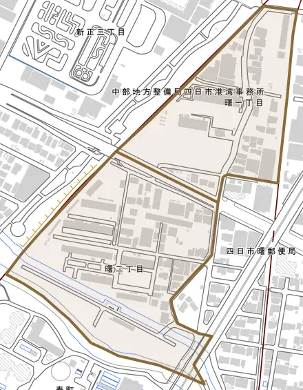 曙とその周辺の地図。町の範囲を重ねている