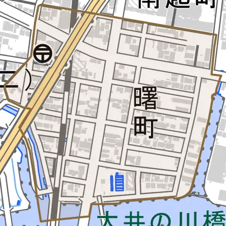 曙町とその周辺の地図。町の範囲を重ねている