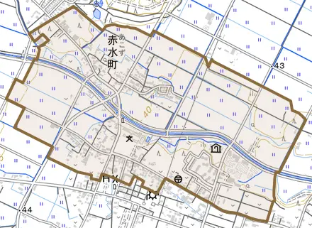 赤水町とその周辺の地図。町の範囲を重ねている