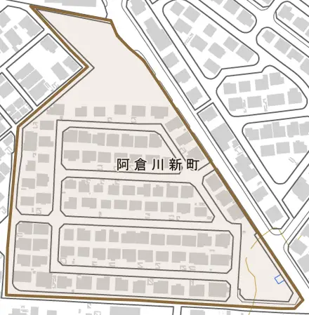阿倉川新町とその周辺の地図。町の範囲を重ねている