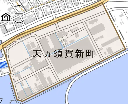 天カ須賀新町とその周辺の地図。町の範囲を重ねている