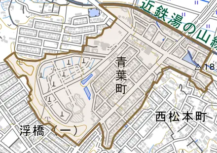 青葉町とその周辺の地図。町の範囲を重ねている