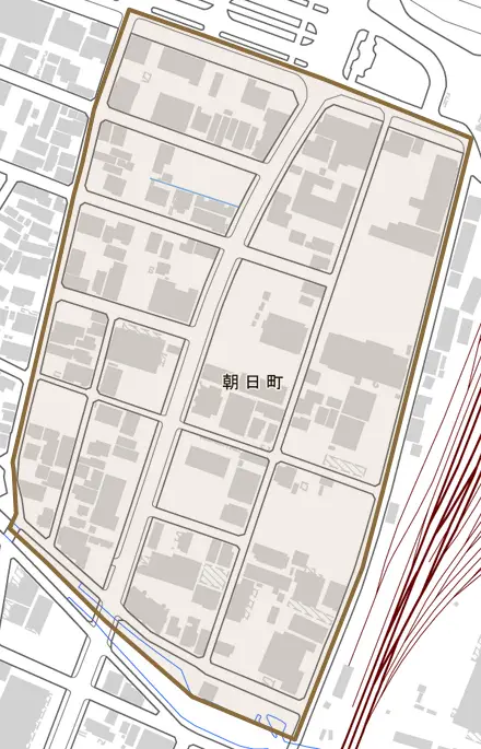 朝日町とその周辺の地図。町の範囲を重ねている